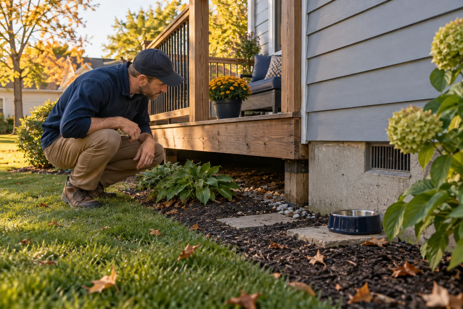 Illustration of a homeowner inspecting a low deck edge, pet bowl, and foundation line
