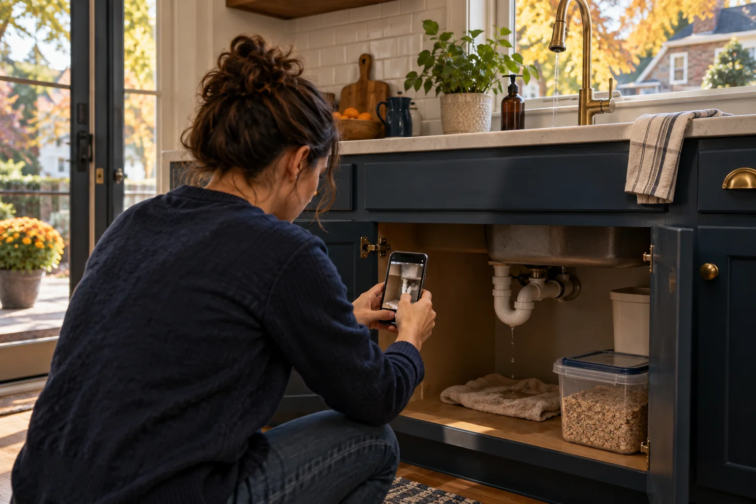 Illustration of a resident documenting a kitchen pipe leak, cabinet edge, and sealed food container