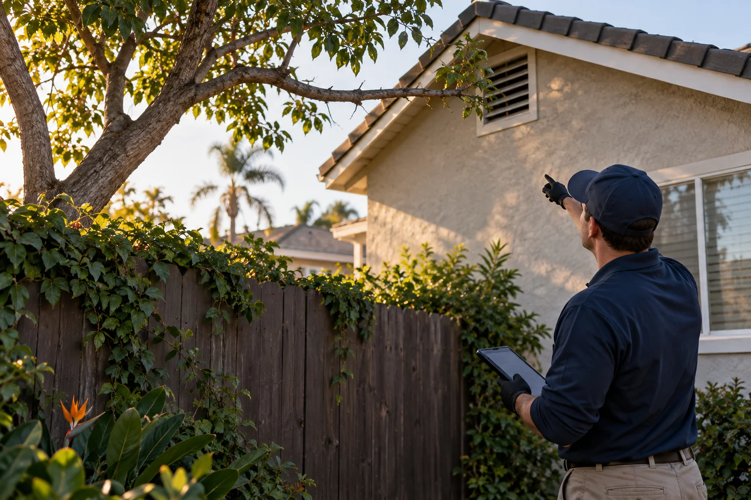 AI-generated illustration of a technician tracing a fence and tree-branch route toward an attic vent