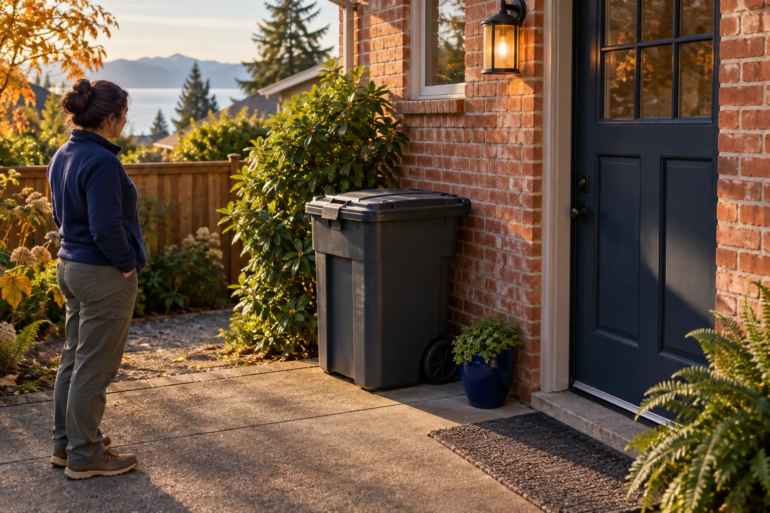 Illustration of a secured refuse bin beside a brick residential back door and an intact door sweep
