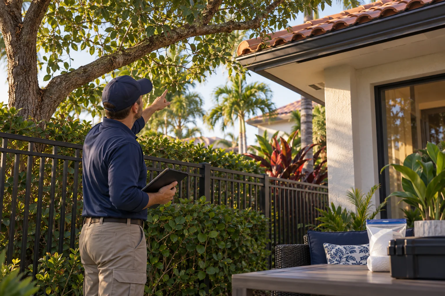 AI-generated illustration of a technician tracing a patio tree branch and fence line toward a roof edge