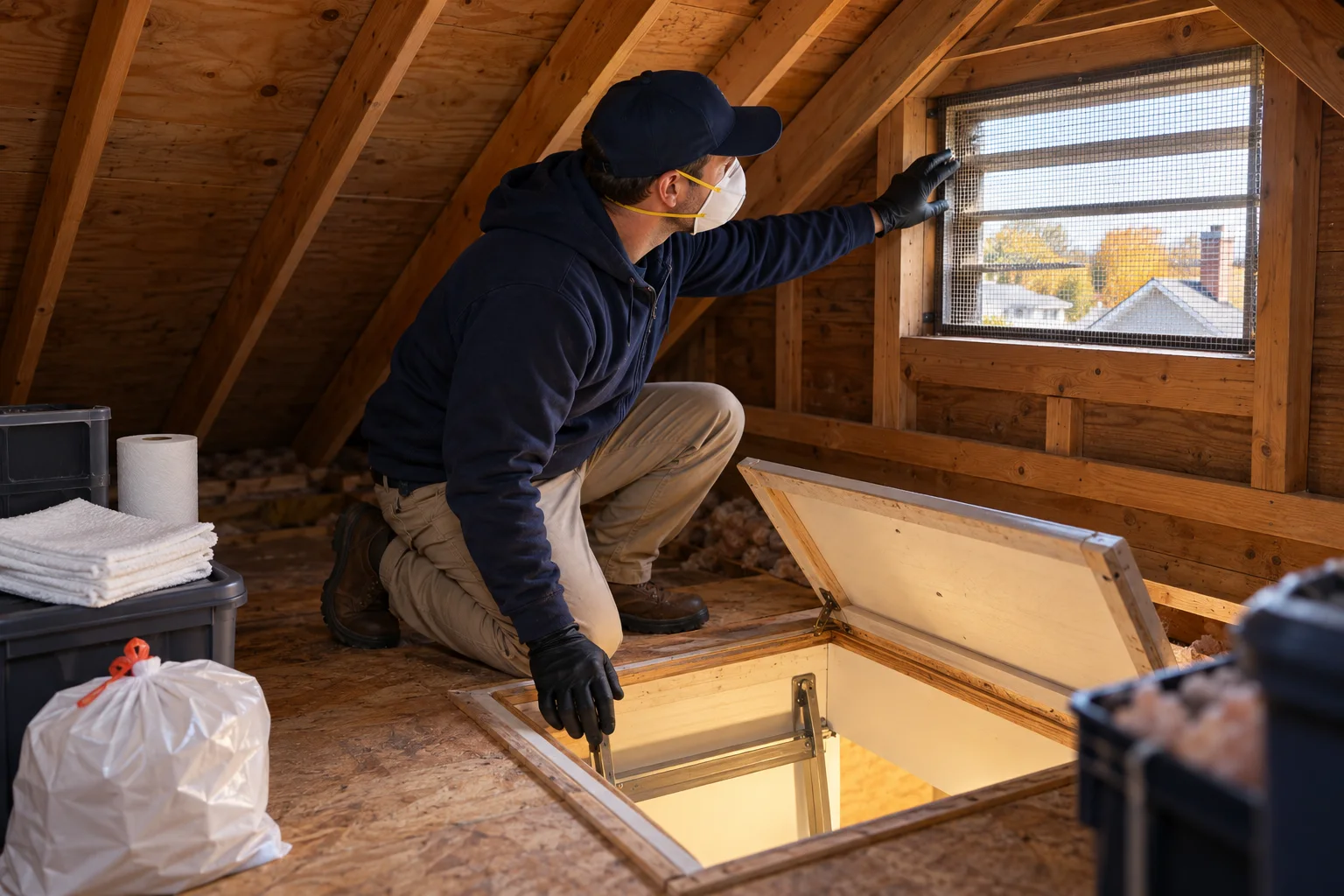 AI-generated illustration of a technician safely inspecting an attic hatch and nearby vent screen