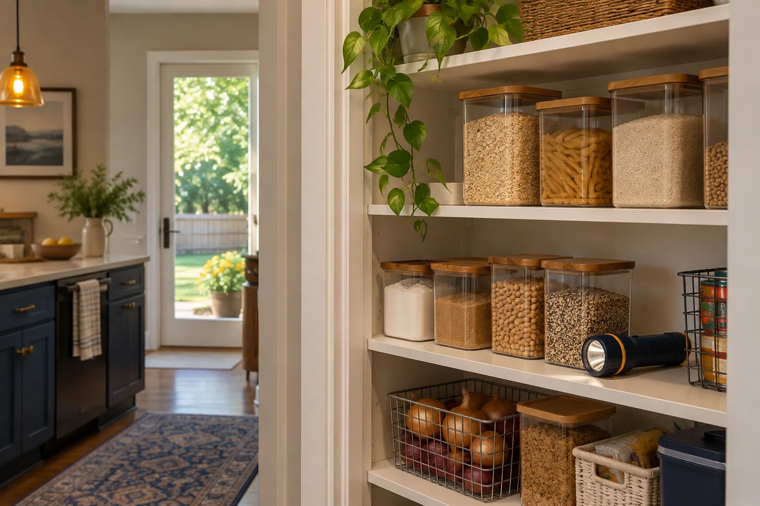 Illustration of a clean pantry with food in sealed containers and a flashlight on the shelf