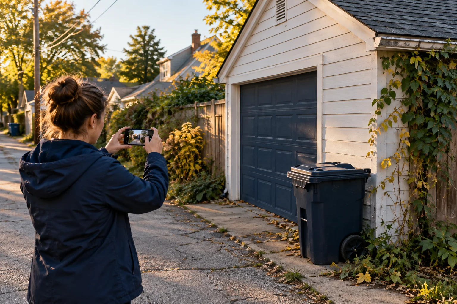 Illustration of a resident documenting an alley-facing garage wall and covered waste container