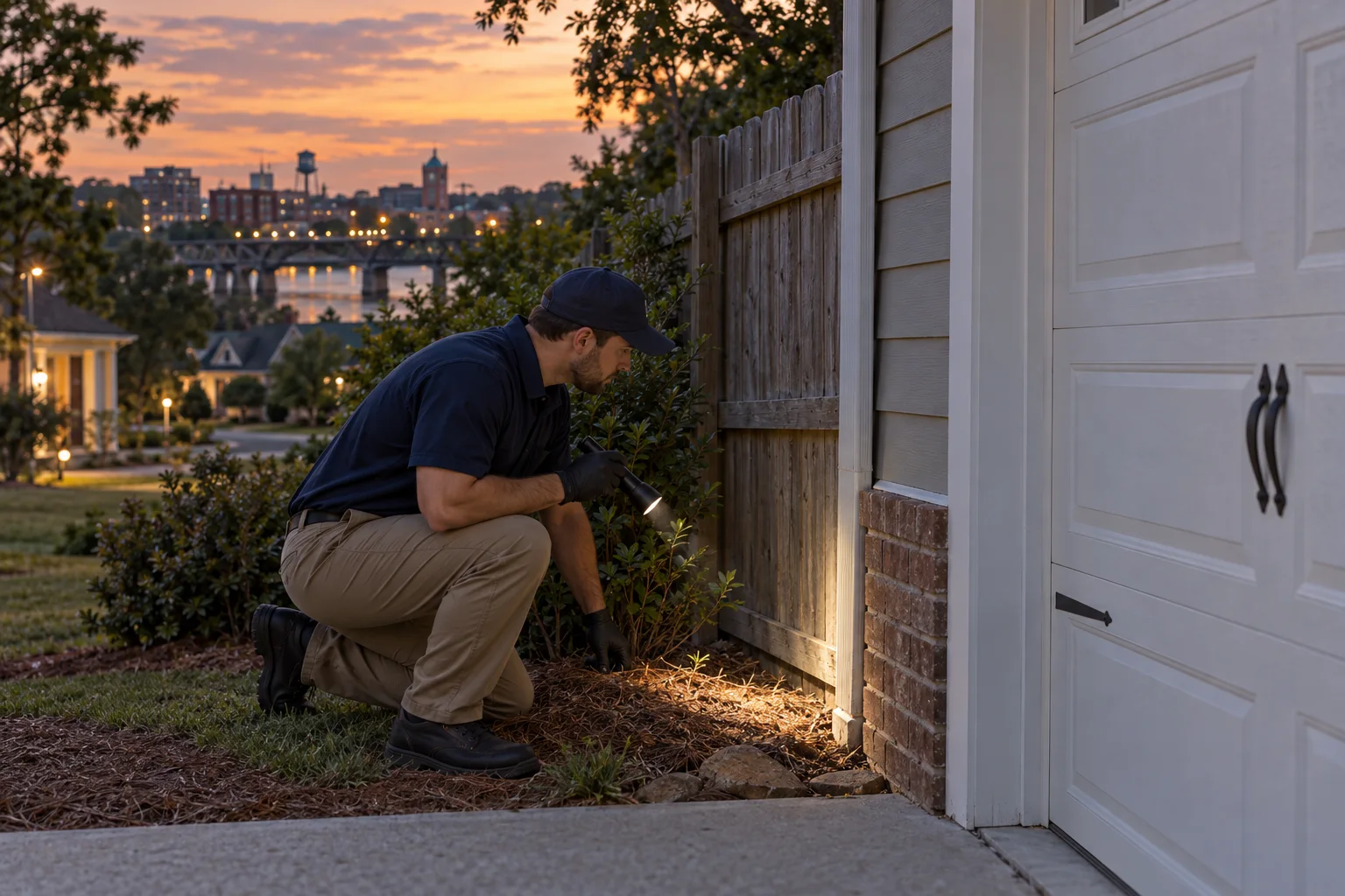 AI-generated illustration of a technician inspecting a fence-to-garage route at dusk