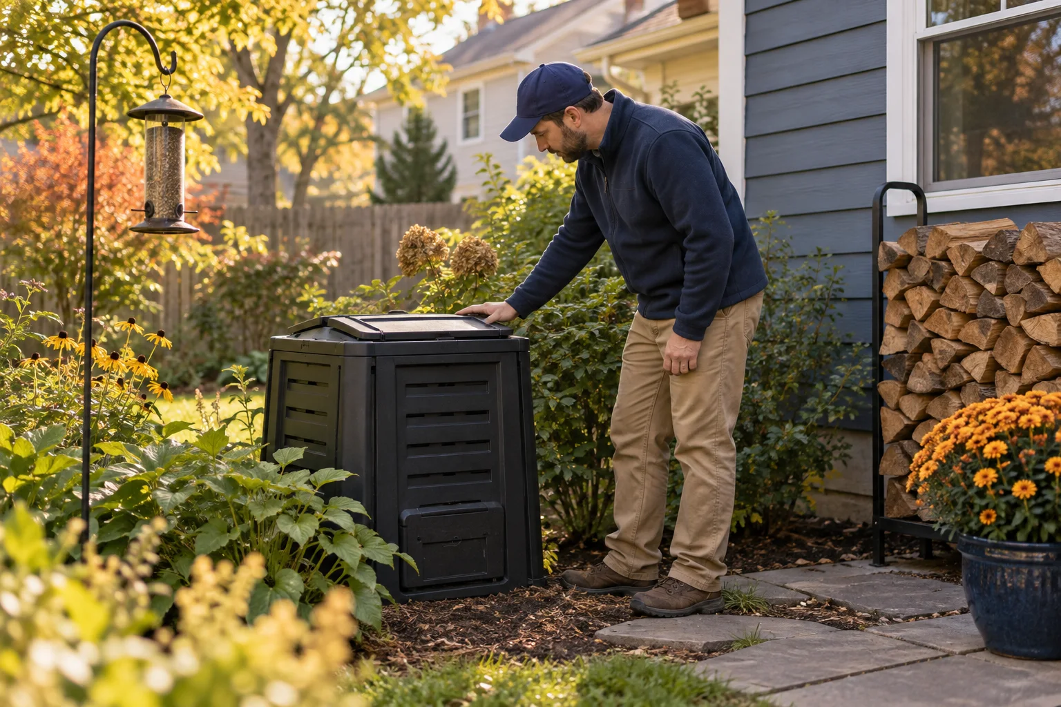 Illustration of a gardener inspecting a closed compost bin near a bird feeder and stacked firewood
