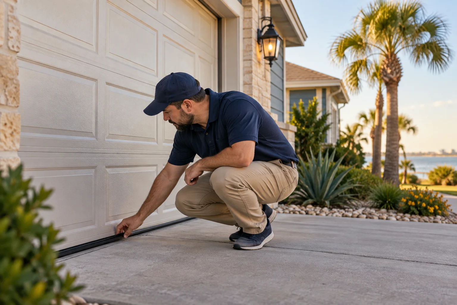 Illustration of a calm exterior inspection of a garage door weather seal
