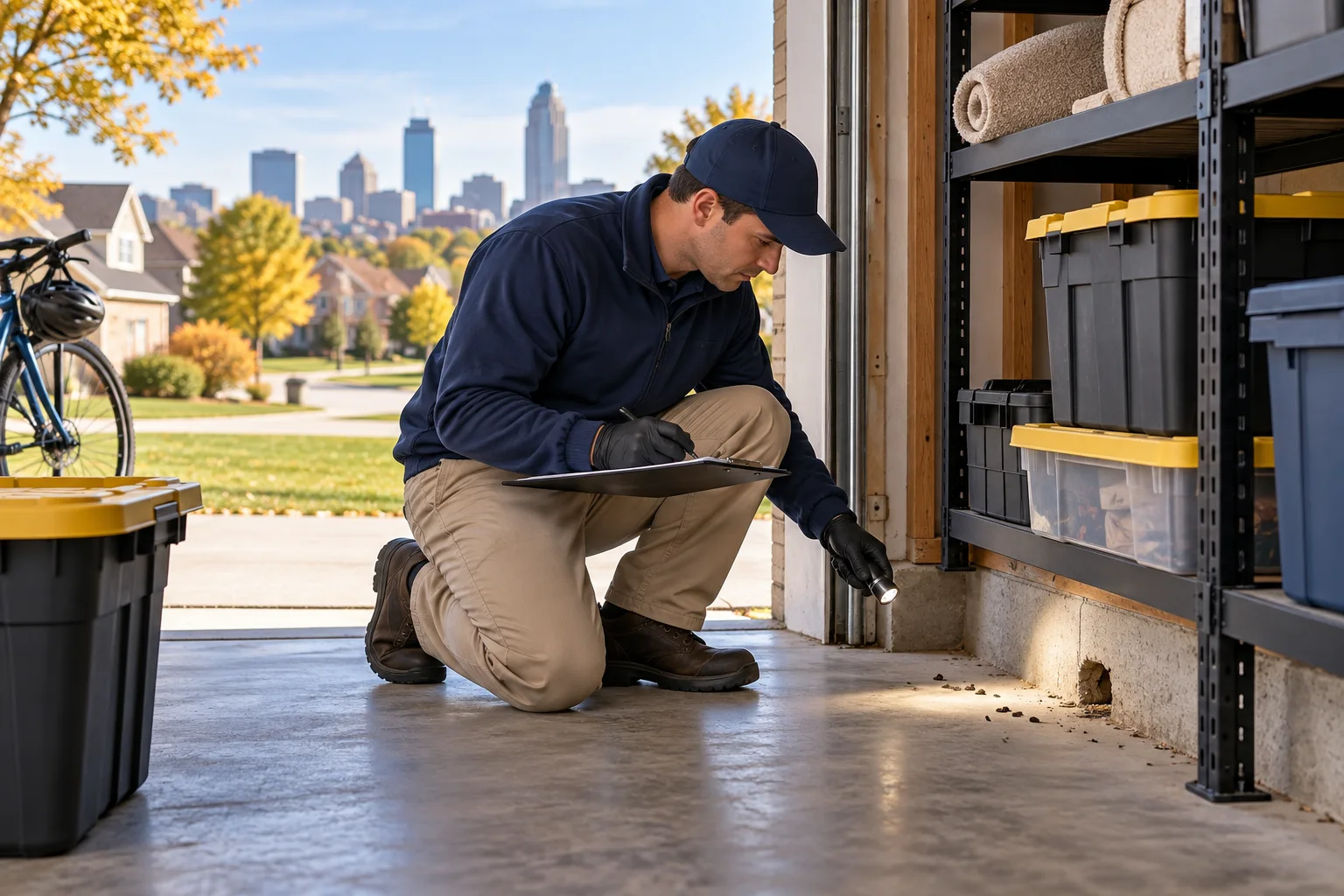 AI-generated illustration of a technician documenting garage rodent signs beside organized storage