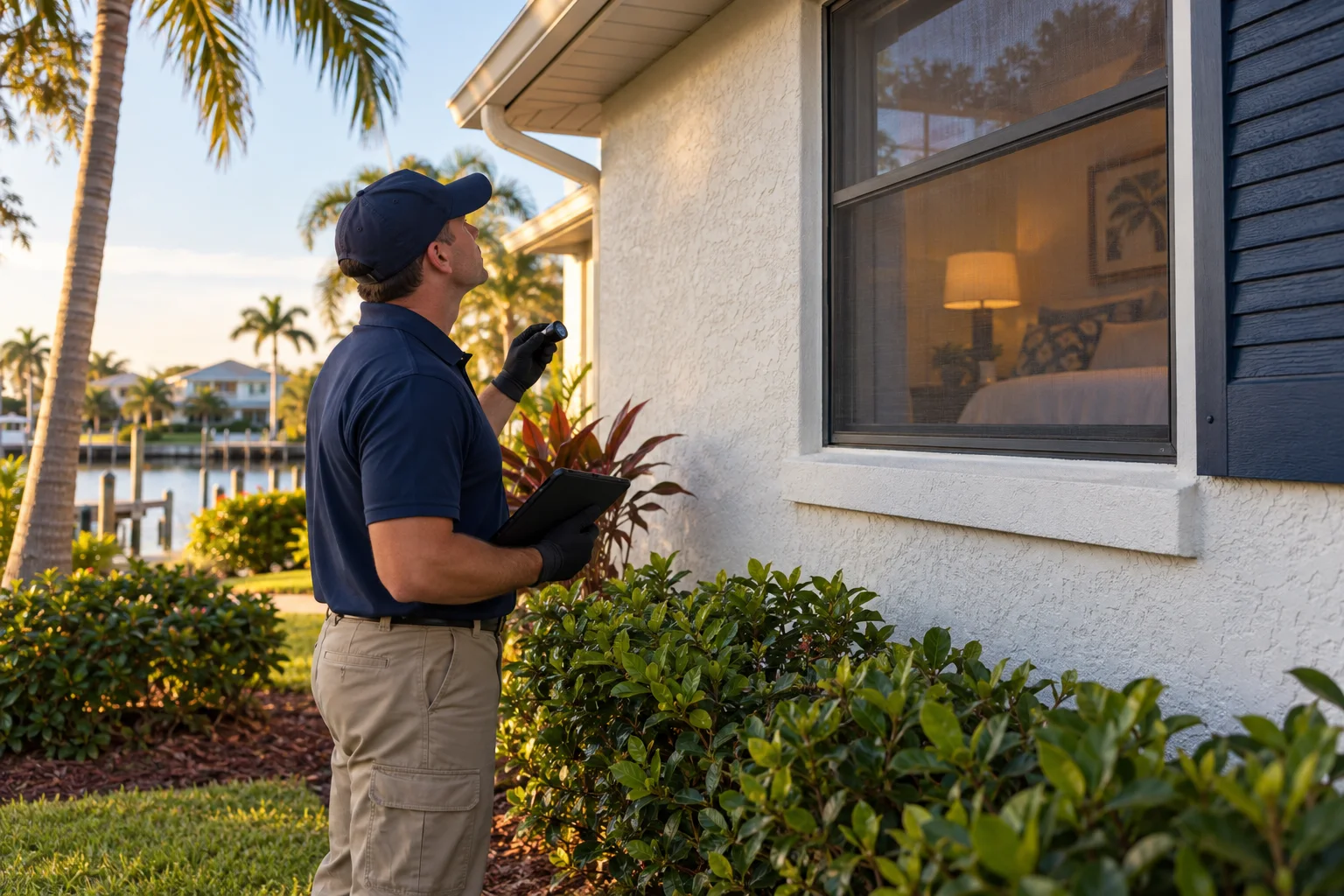 AI-generated illustration of a technician examining a bedroom window screen and exterior wall from the ground