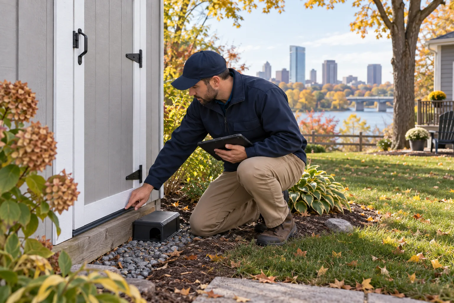 AI-generated illustration of a technician reviewing a shed door threshold and protected trap area