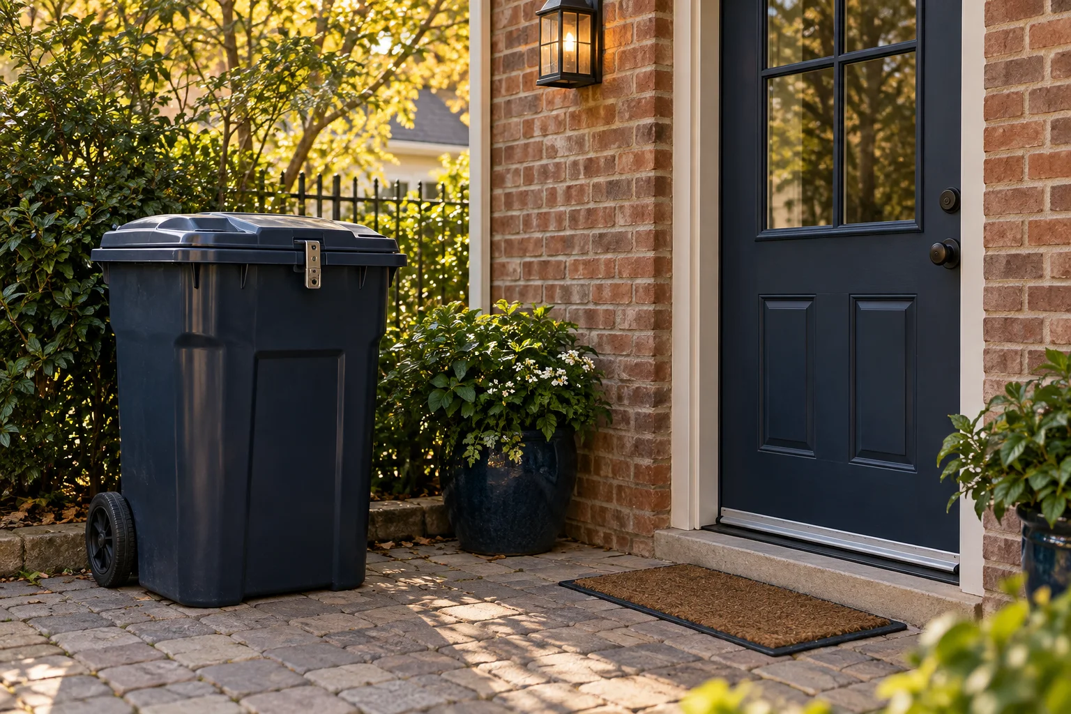 Illustration of a secured refuse bin beside a brick residential back door and an intact door sweep