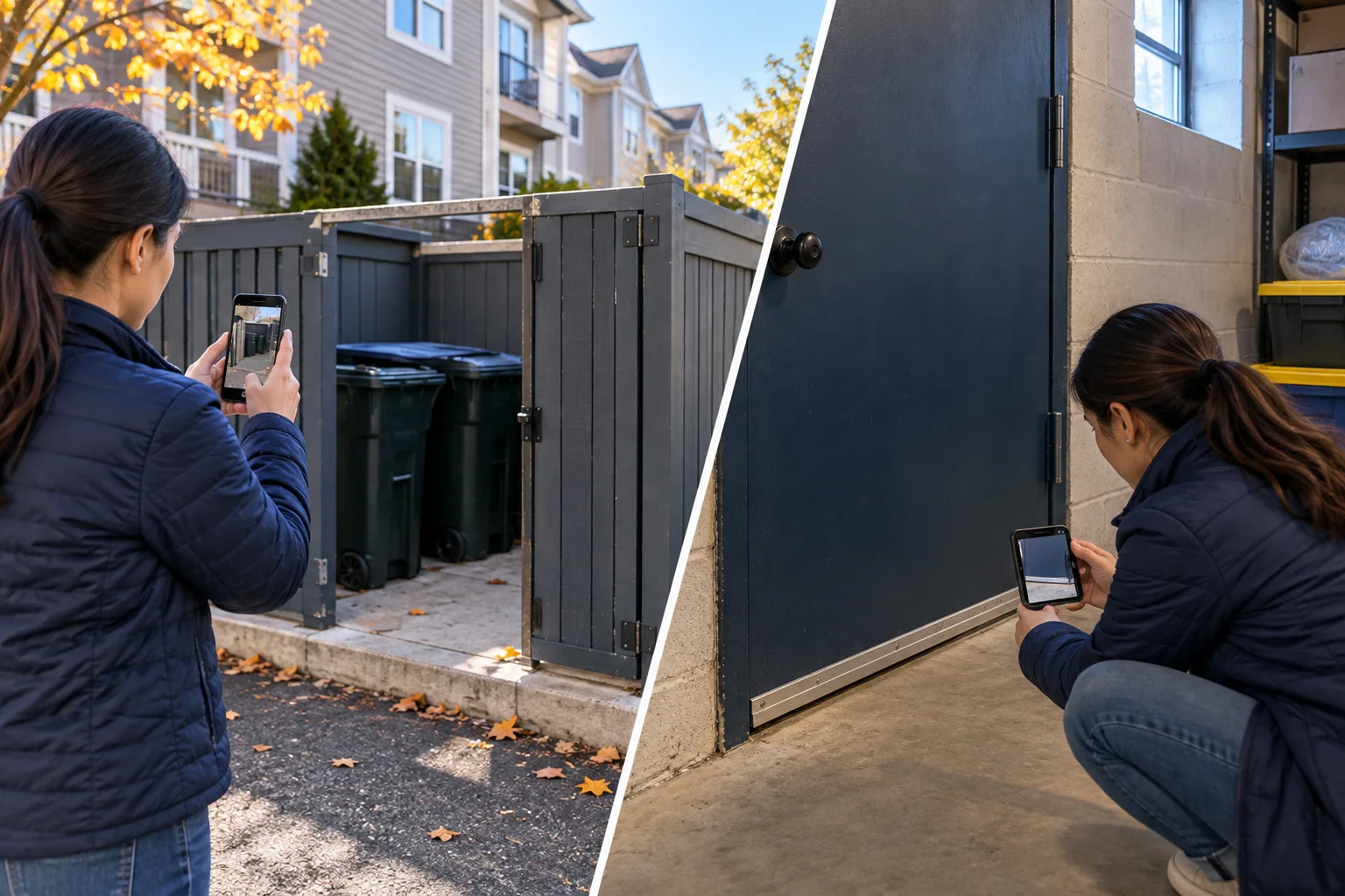 AI-generated illustration of a tenant documenting a shared refuse enclosure and basement storage-door sweep