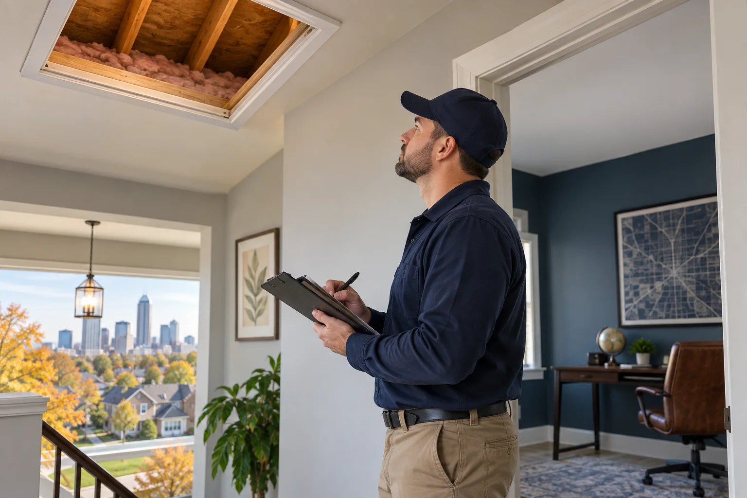 AI-generated illustration of a technician reviewing attic-access notes beside an office wall