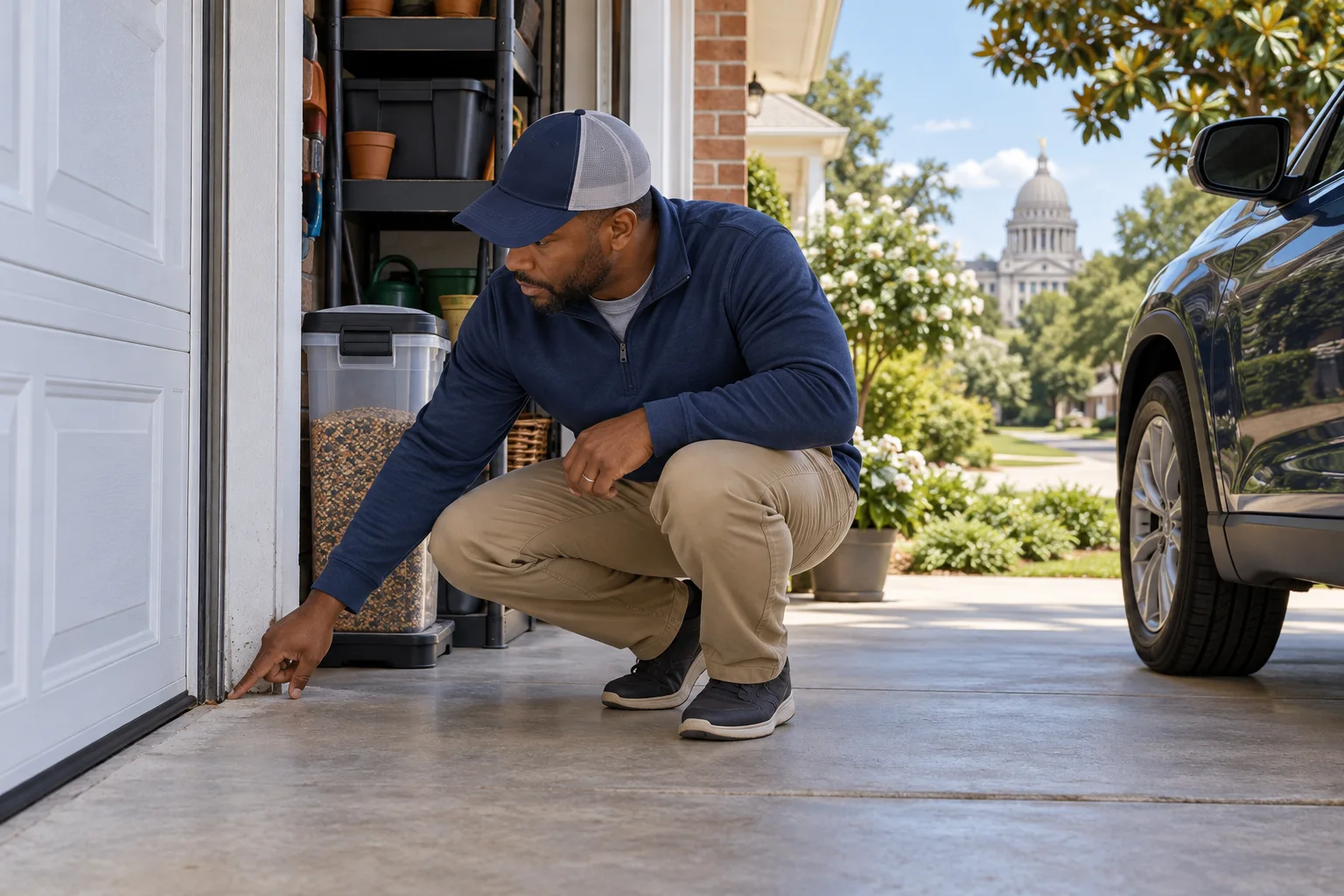 AI-generated illustration of a homeowner inspecting a garage door corner, sealed birdseed container, and parked vehicle