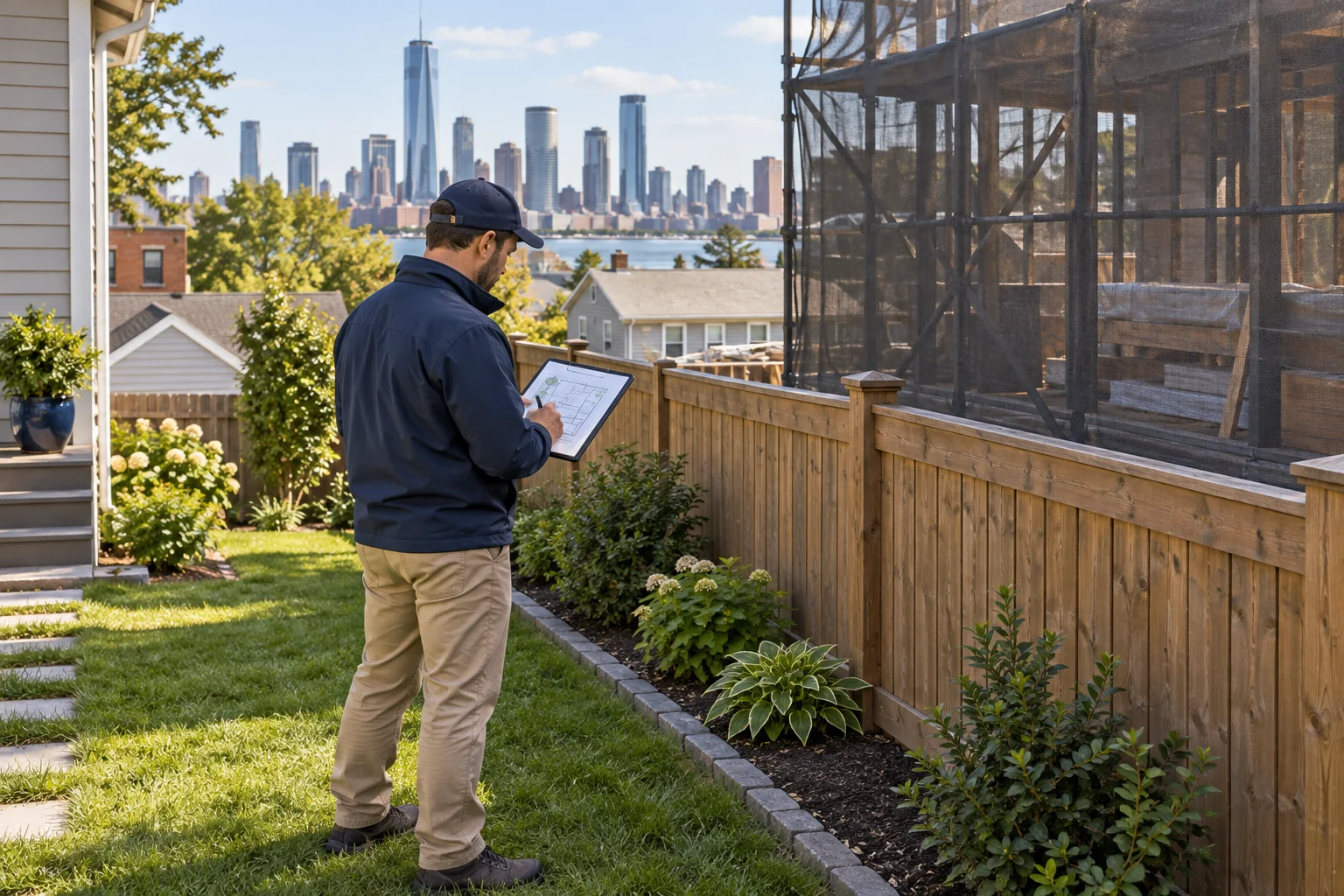 AI-generated illustration of a homeowner mapping a backyard fence boundary beside a screened construction area