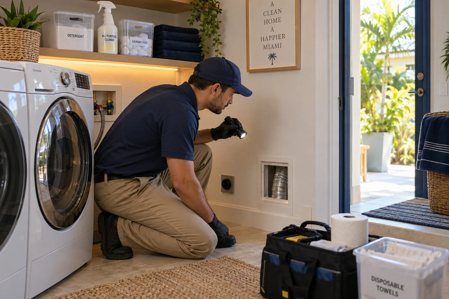 AI-generated illustration of a technician inspecting laundry-room utility openings with labeled household products stored away