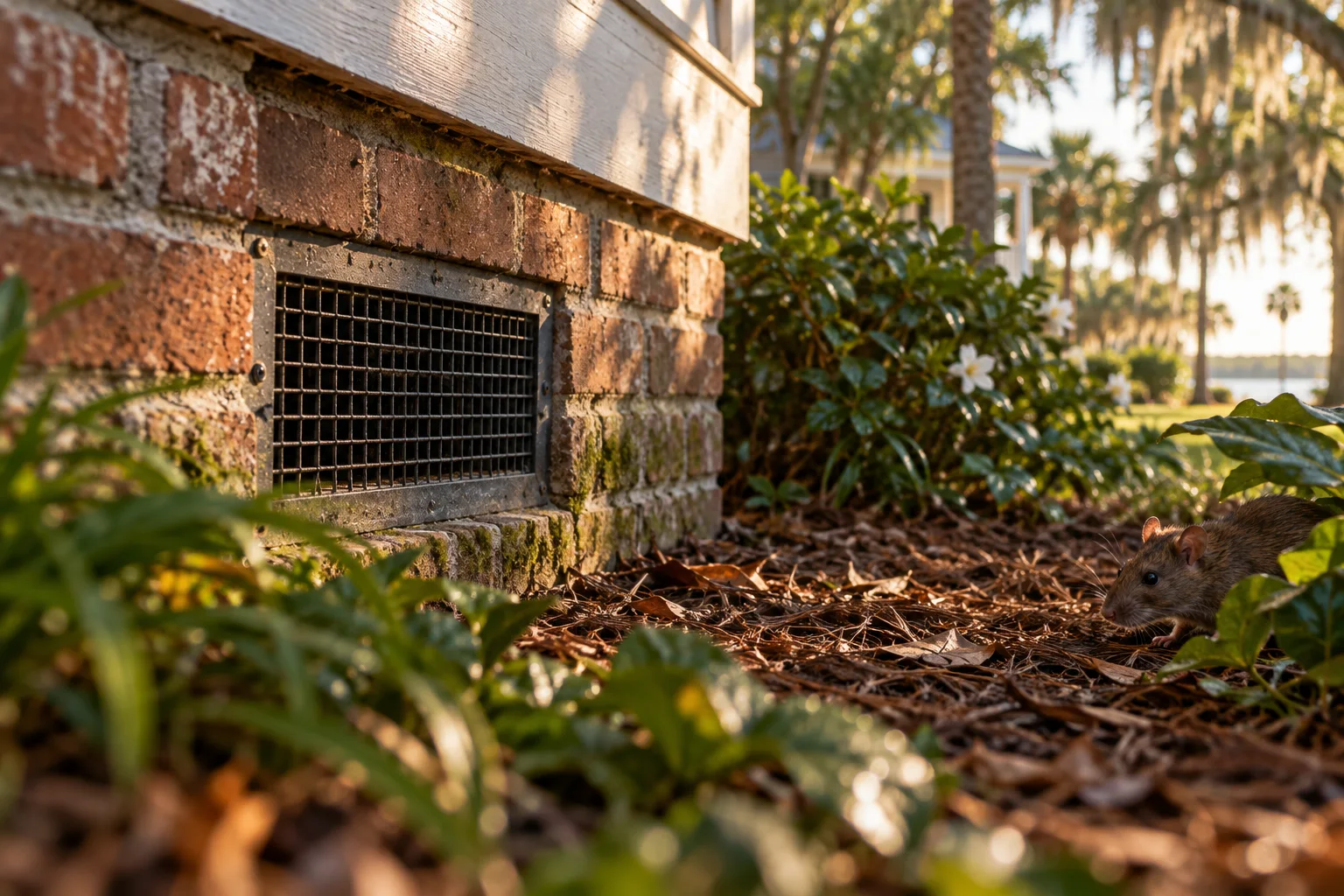 AI-generated illustration of a rat near a crawl-space vent and brick foundation
