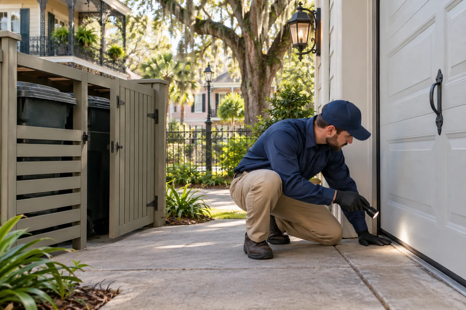 AI-generated illustration of a technician inspecting a garage bin enclosure and door threshold