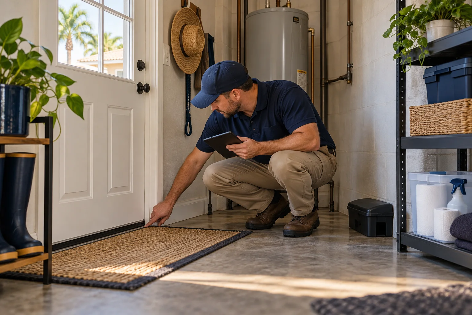 AI-generated illustration of a technician inspecting a utility-room door sweep and secured bait-station location