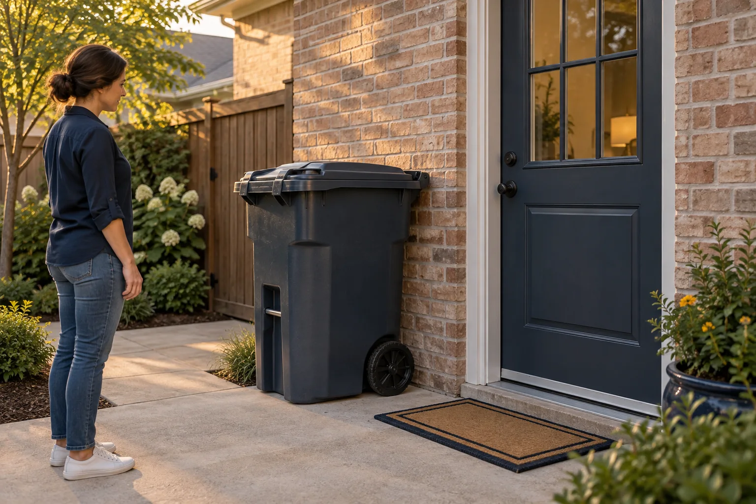 Illustration of a secured refuse bin beside a brick residential back door and an intact door sweep