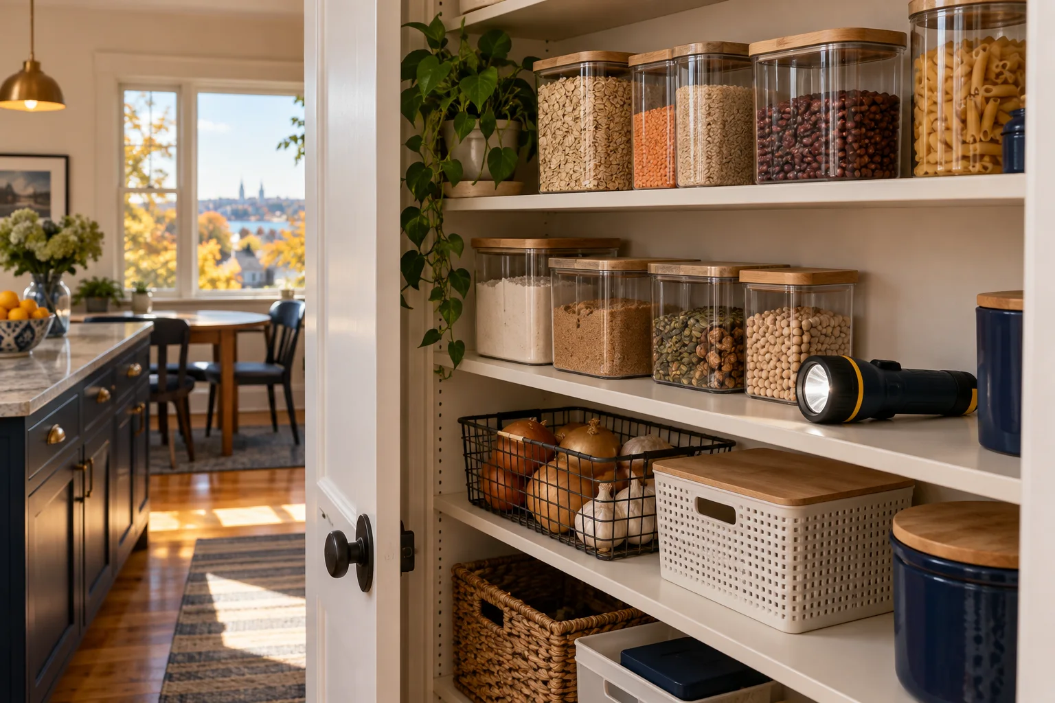 Illustration of a clean pantry with food in sealed containers and a flashlight on the shelf