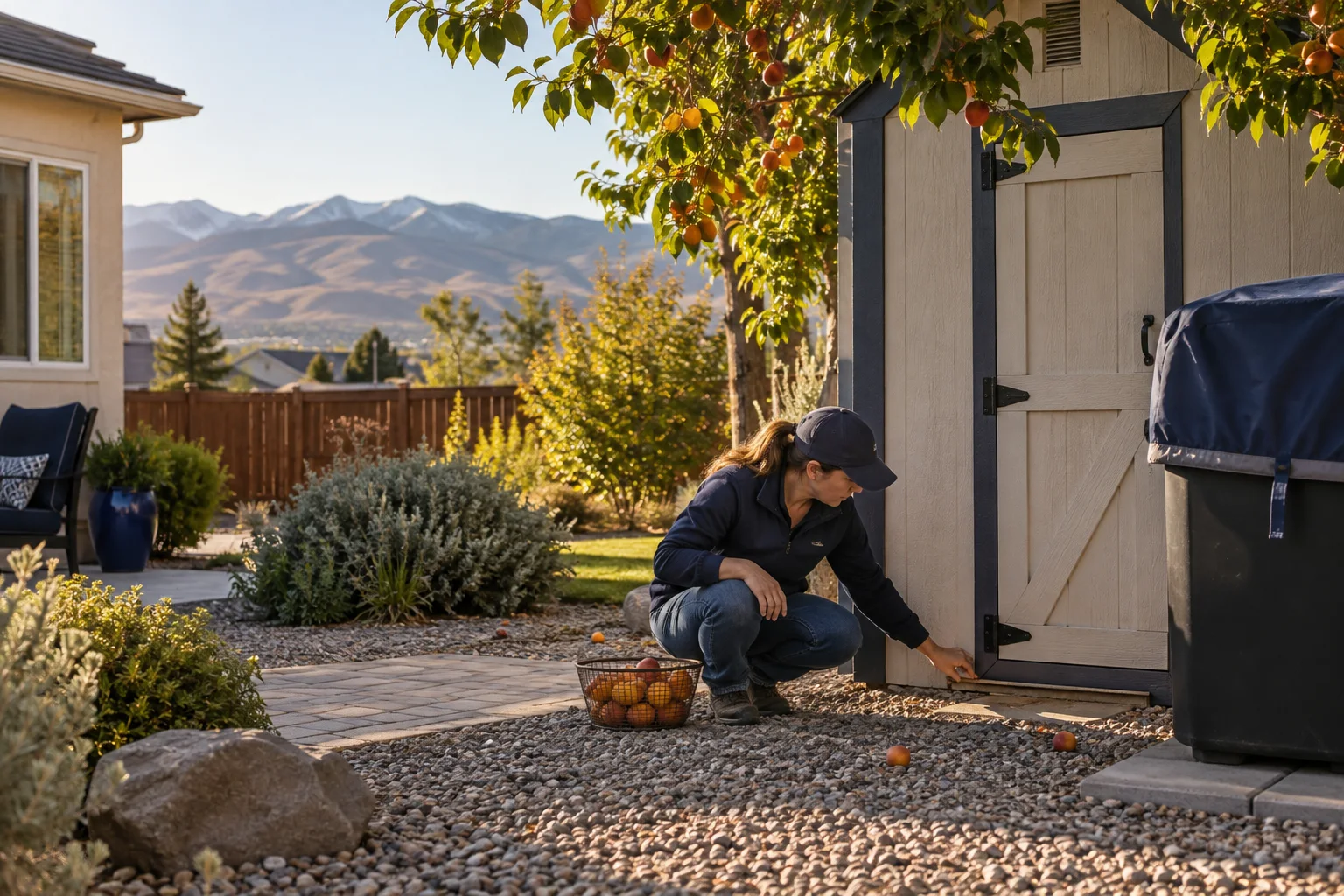 Illustration of a resident collecting fallen fruit and inspecting a shed threshold beside a covered bin