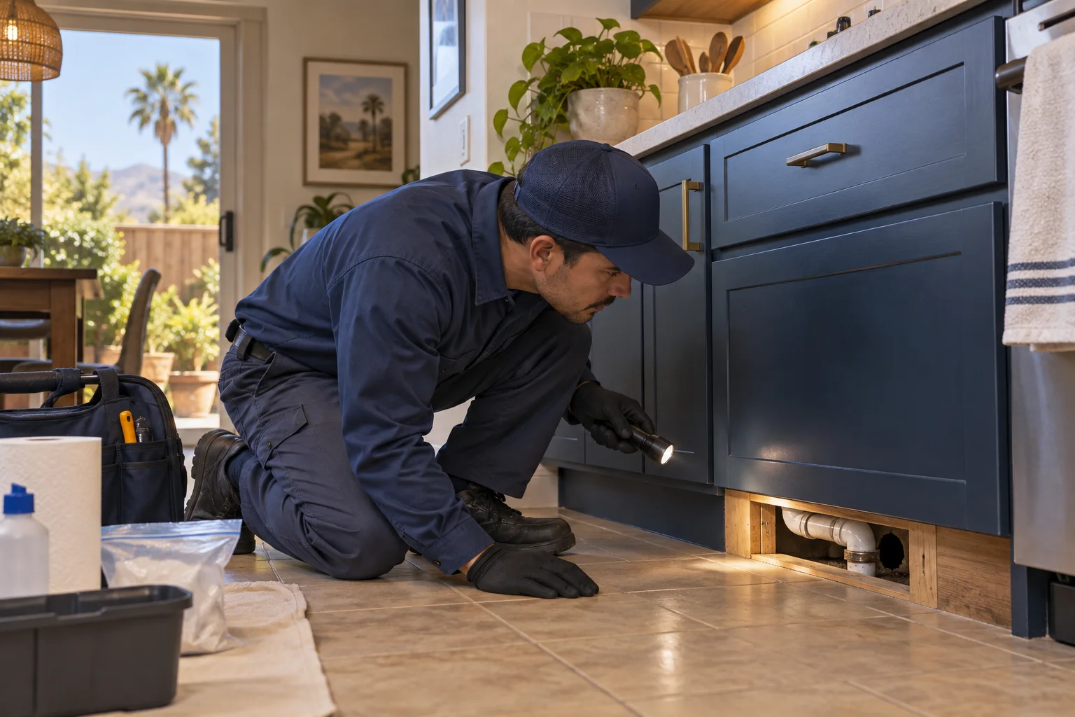 AI-generated illustration of a technician inspecting a kitchen cabinet toe-kick and nearby pipe opening