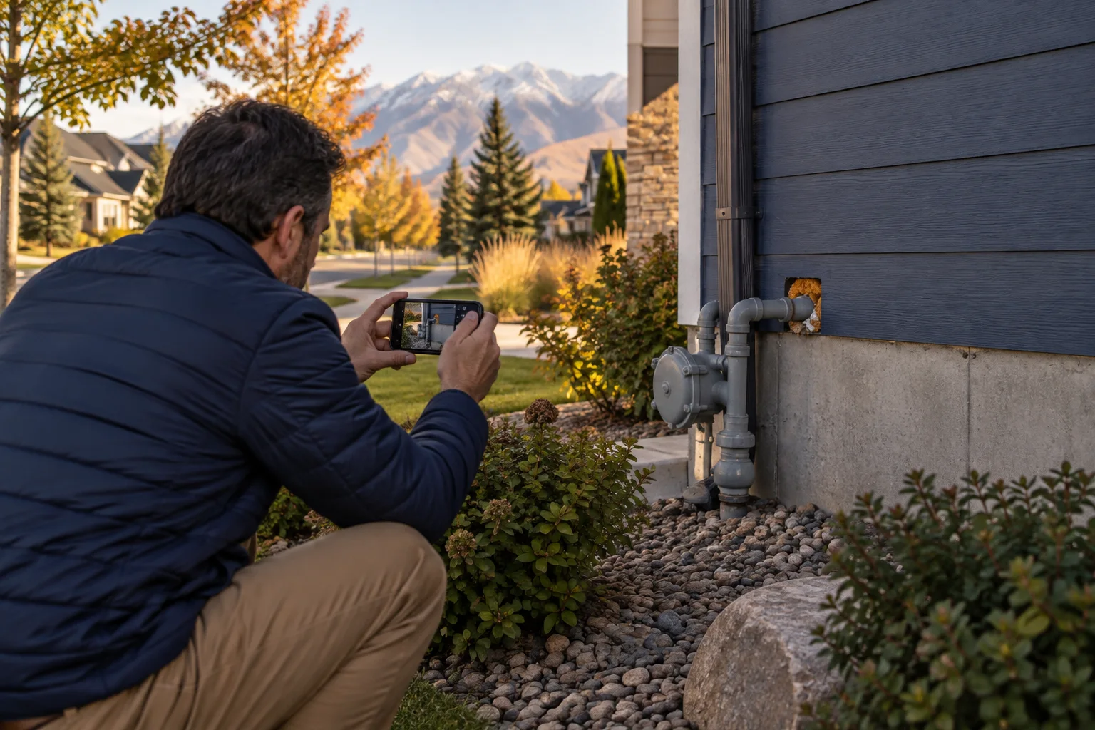 Illustration of a homeowner photographing a utility pipe gap from a safe distance outside a house