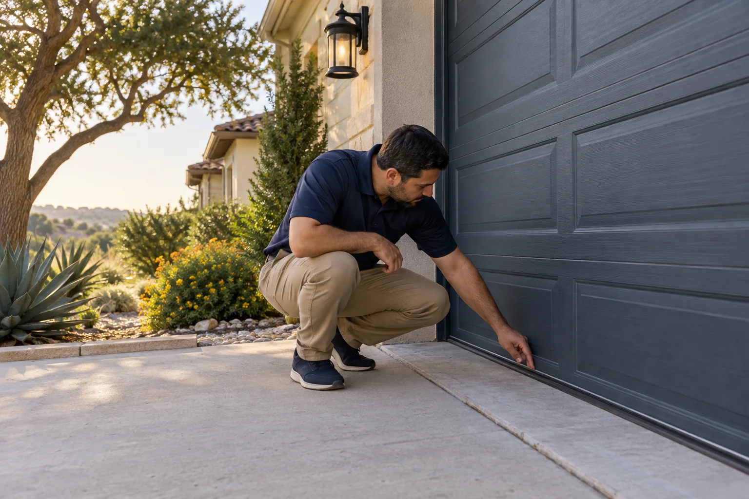 Illustration of a calm exterior inspection of a garage door weather seal