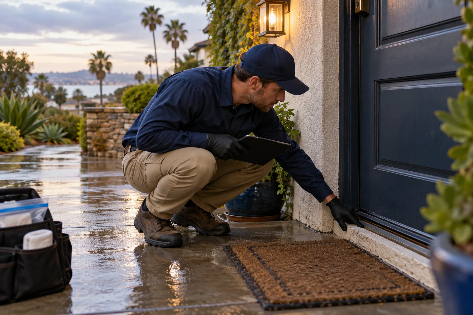AI-generated illustration of a technician examining a ground-level door threshold and foundation opening after rainfall