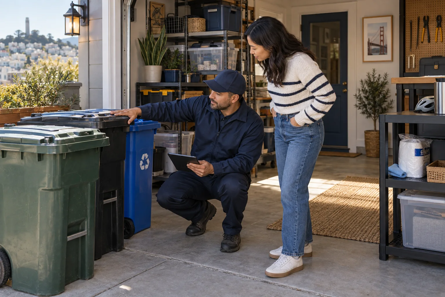 AI-generated illustration of a homeowner and technician reviewing secured bins and organized garage storage