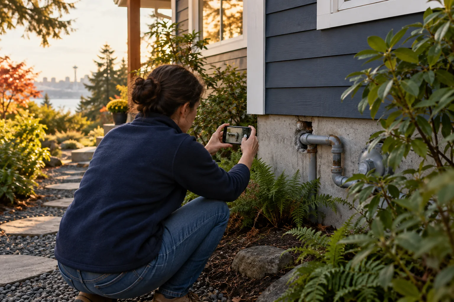 Illustration of a homeowner photographing a utility pipe gap from a safe distance outside a house