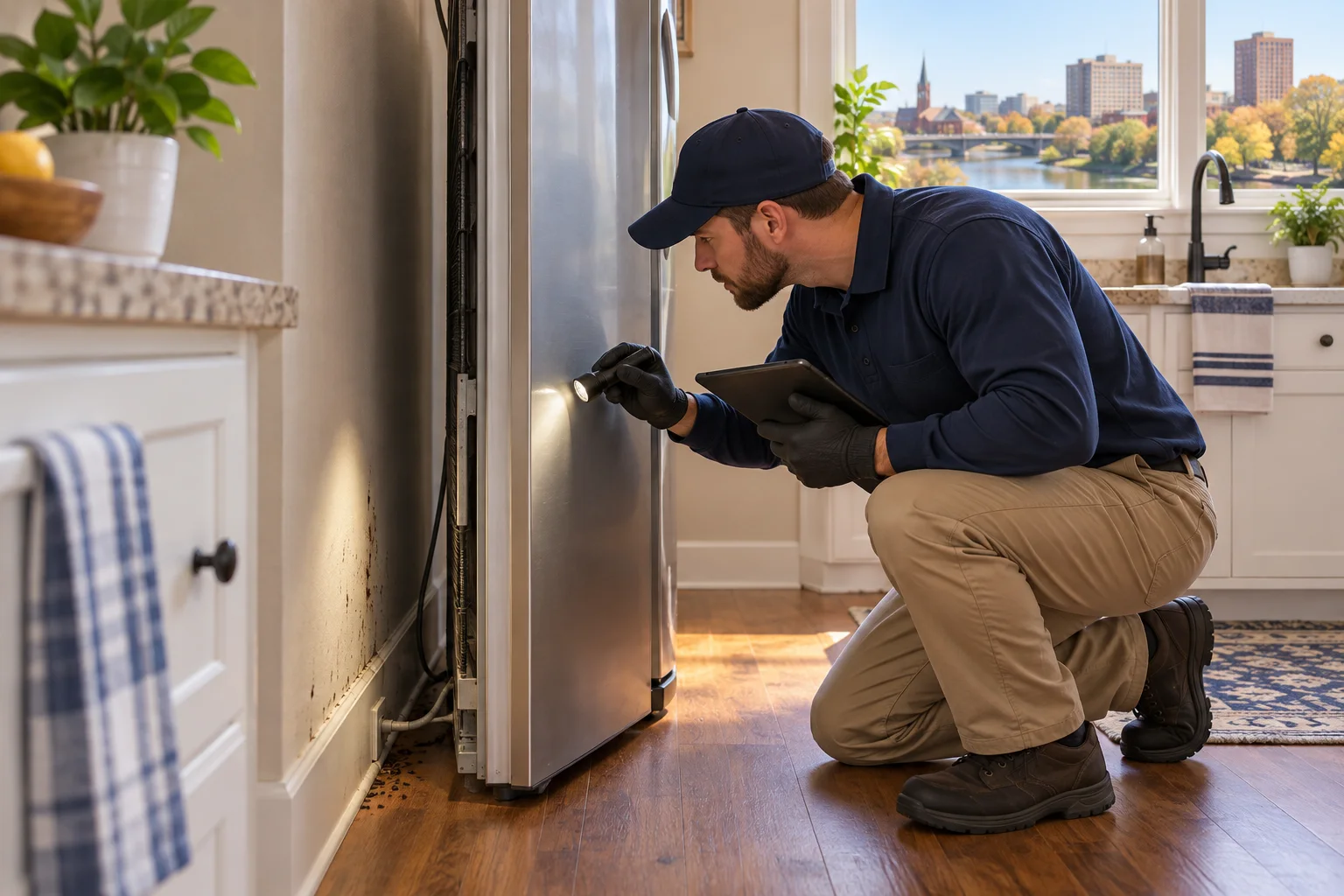 AI-generated illustration of a technician reviewing wall-side rodent signs behind a refrigerator