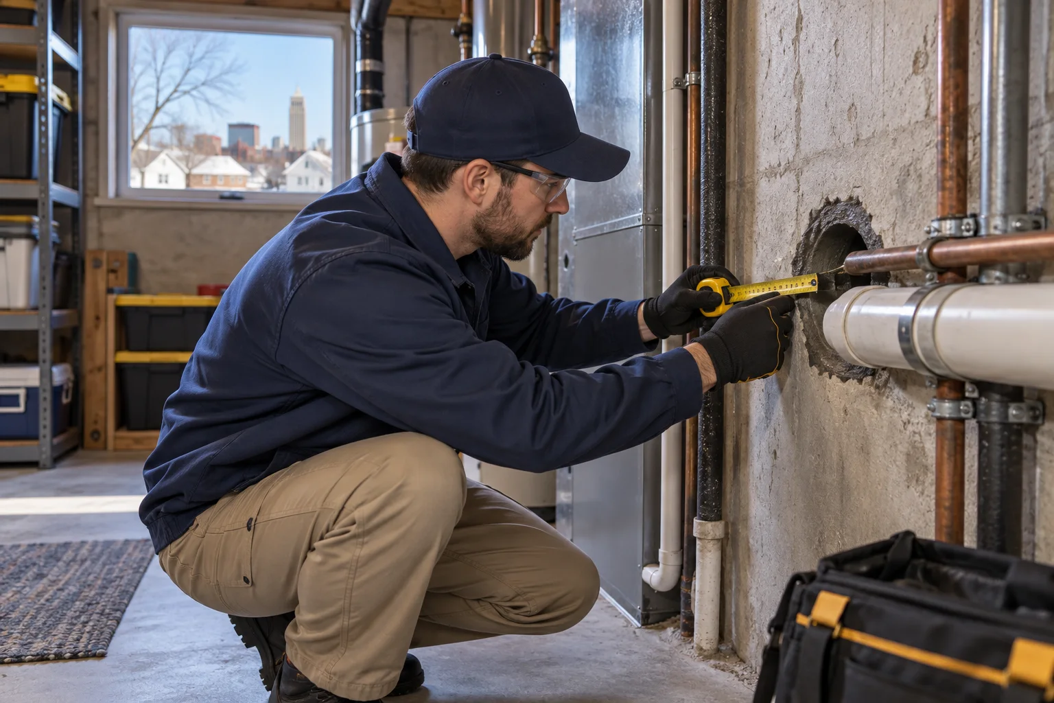 AI-generated illustration of a technician measuring a basement utility-pipe opening