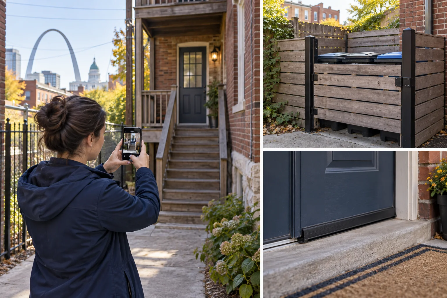 AI-generated illustration of a resident documenting a shared rear entry, refuse enclosure, and door sweep