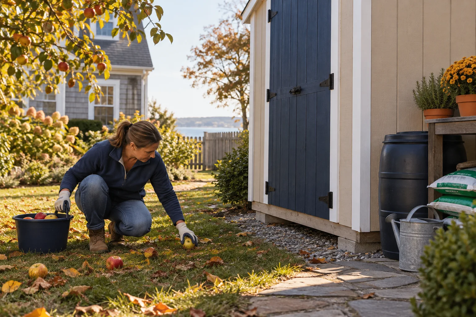 Illustration of a homeowner collecting fallen fruit and inspecting a shed base beside sealed garden supplies