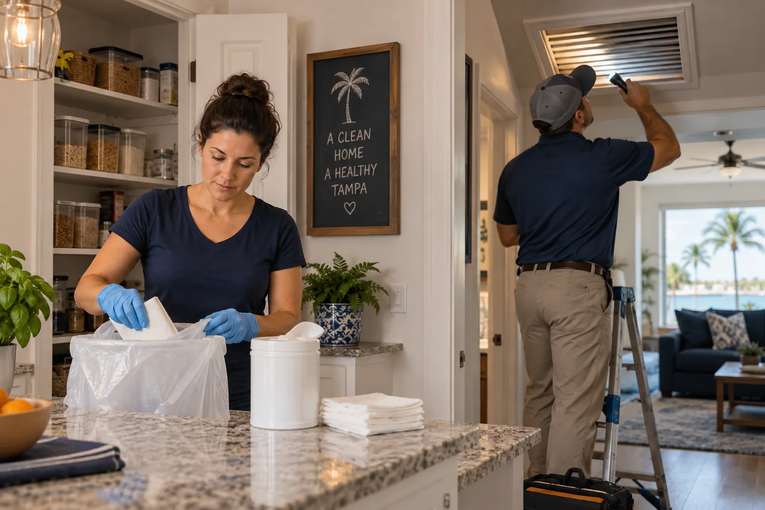 AI-generated illustration of a homeowner and technician separating pantry cleanup tasks from an attic-vent inspection