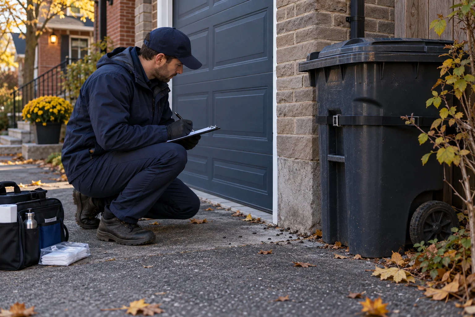 AI-generated illustration of a technician documenting signs beside a garage and secured waste bin