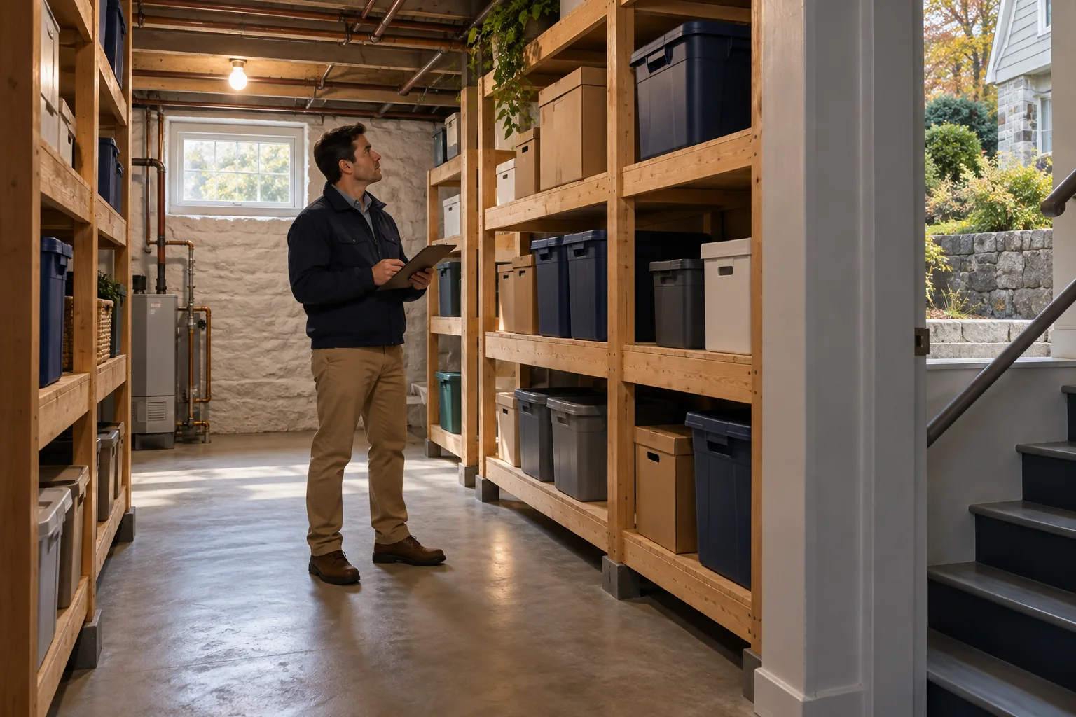 Illustration of a building manager inspecting a clear shared basement storage aisle and raised boxes