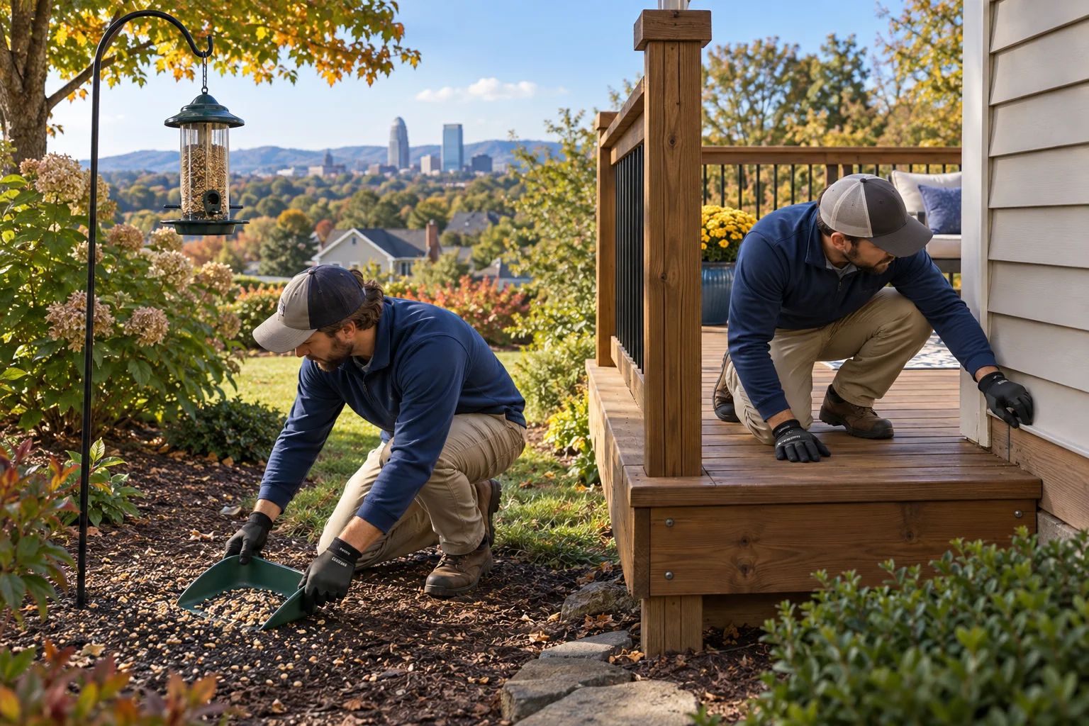 AI-generated illustration of a homeowner cleaning seed beneath a bird feeder and inspecting a deck-to-house connection