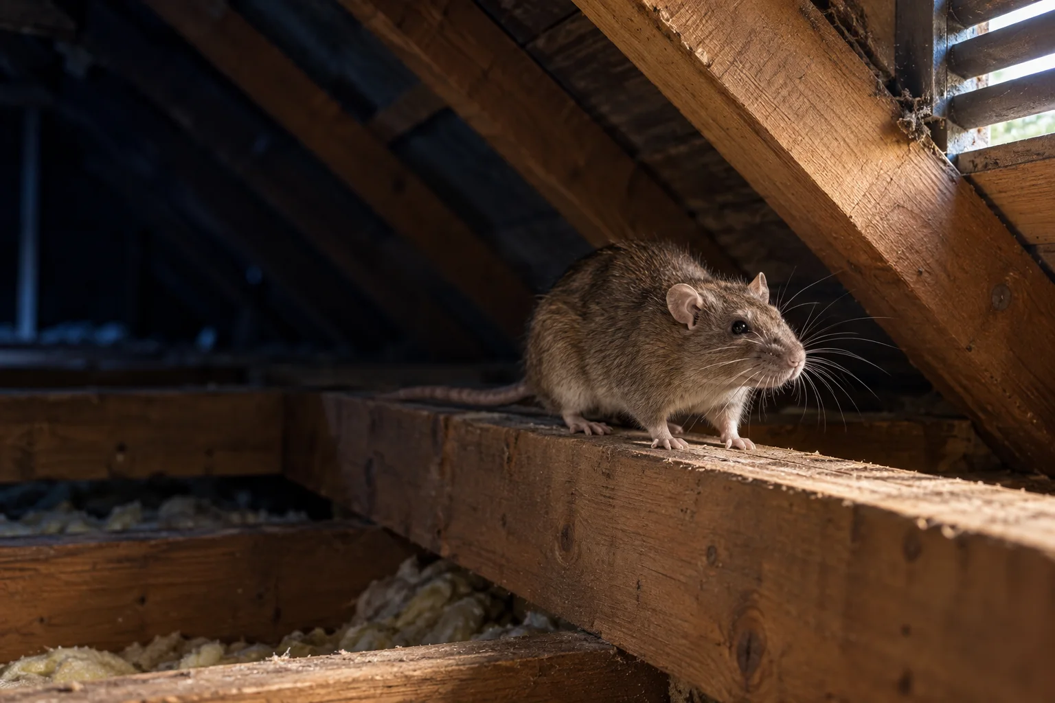 Illustration of a brown rat moving across timber in an attic