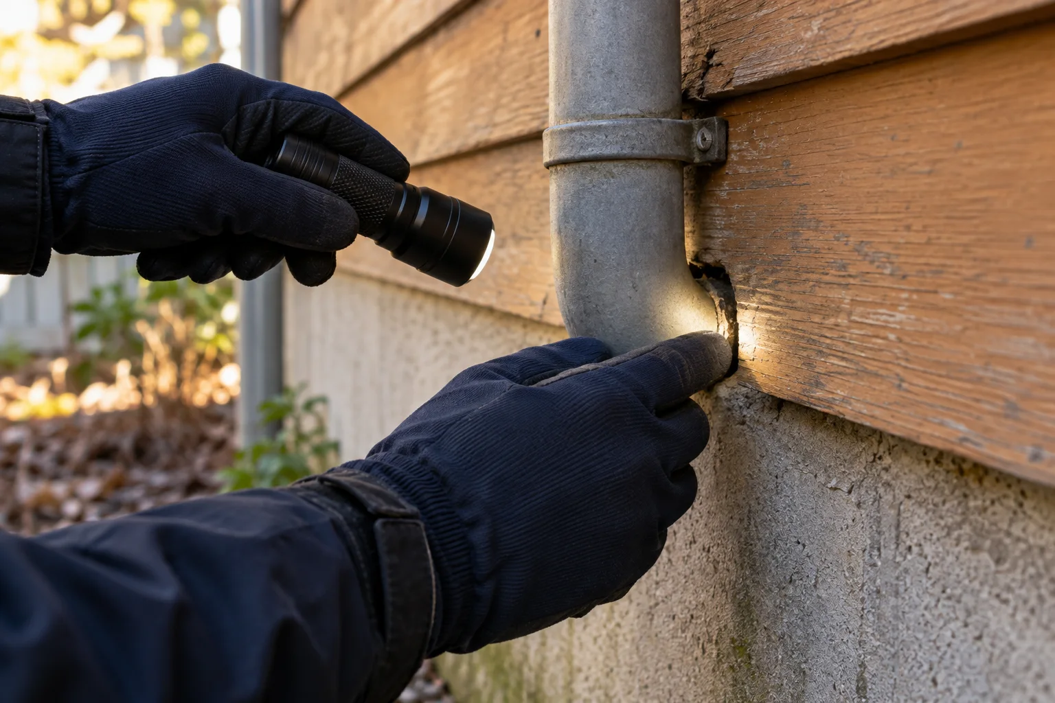 Illustration of gloved hands inspecting an opening around an exterior pipe