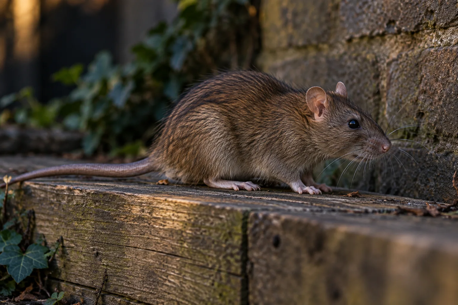 Illustration of a brown rat showing its whiskers, paws, and body shape